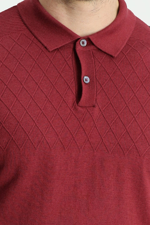 Wine Burgundy Polo Collar Regular Fit Patterned T-shirt