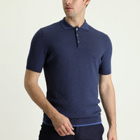Black and Navy Blue Polo Collar Regular Fit Patterned Cotton T-shirt