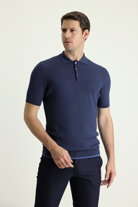 Black and Navy Blue Polo Collar Regular Fit Patterned Cotton T-shirt