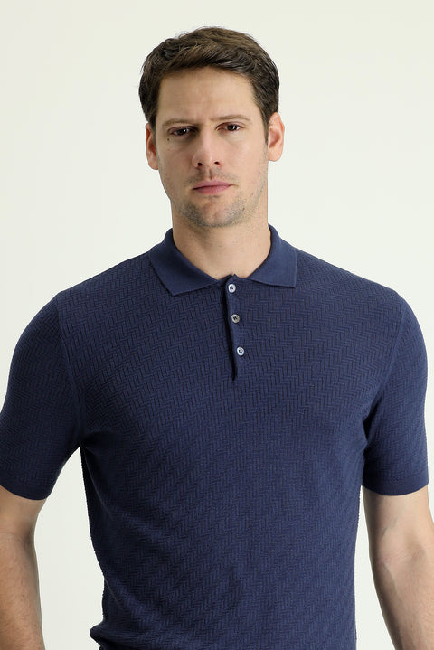 Black and Navy Blue Polo Collar Regular Fit Patterned Cotton T-shirt
