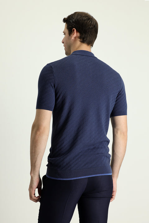 Black and Navy Blue Polo Collar Regular Fit Patterned Cotton T-shirt