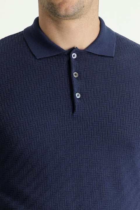 Black and Navy Blue Polo Collar Regular Fit Patterned Cotton T-shirt