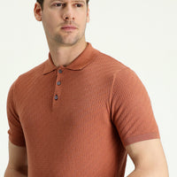 Tile-colored Polo Collar Regular Fit Patterned T-shirt
