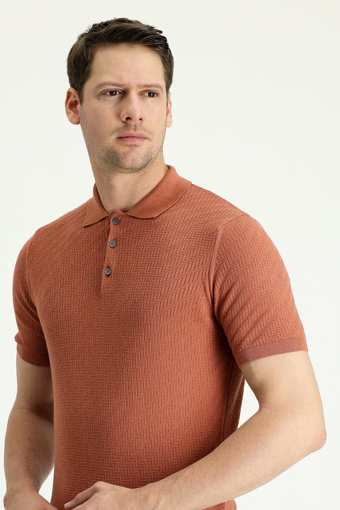 Tile-colored Polo Collar Regular Fit Patterned T-shirt