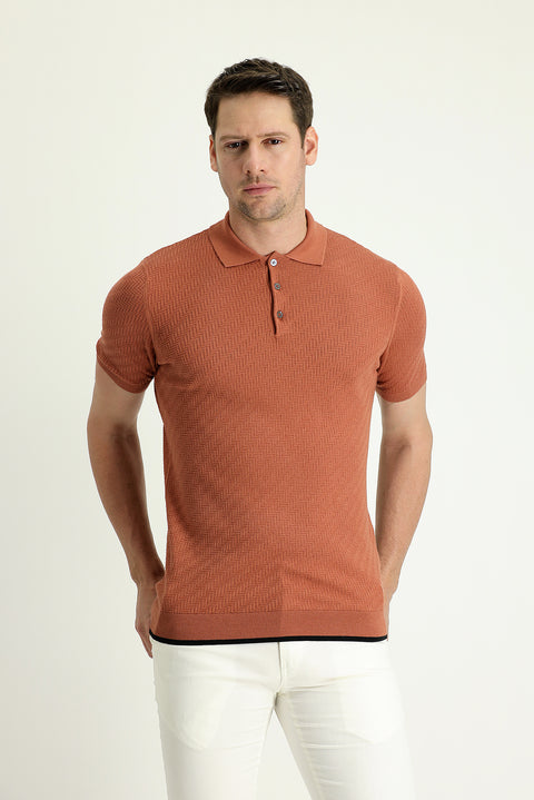 Tile-colored Polo Collar Regular Fit Patterned T-shirt