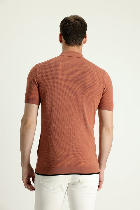 Tile-colored Polo Collar Regular Fit Patterned T-shirt