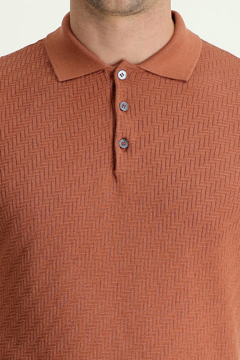 Tile-colored Polo Collar Regular Fit Patterned T-shirt