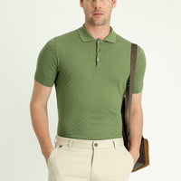 Yağ Yeşili-Olive Polo Yaka Regular Fit Desenli Pamuklu Tişört