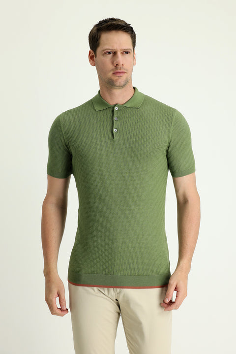 Yağ Yeşili-Olive Polo Yaka Regular Fit Desenli Pamuklu Tişört