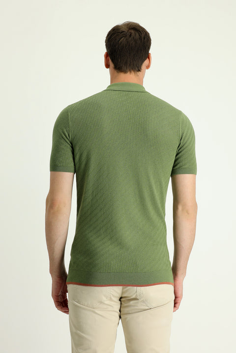 Yağ Yeşili-Olive Polo Yaka Regular Fit Desenli Pamuklu Tişört