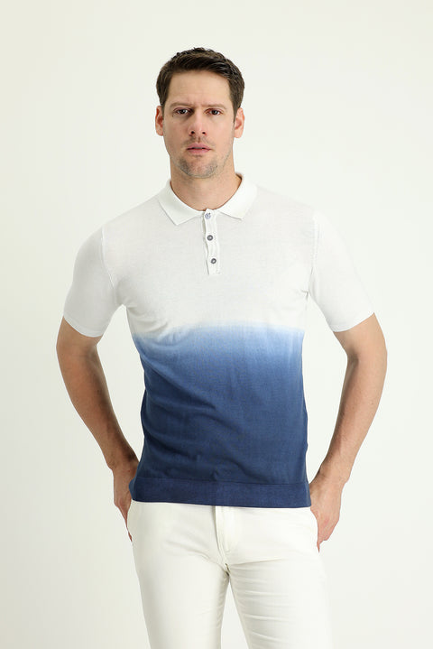 Black and Navy Blue Polo Collar Regular Fit Patterned Cotton T-shirt