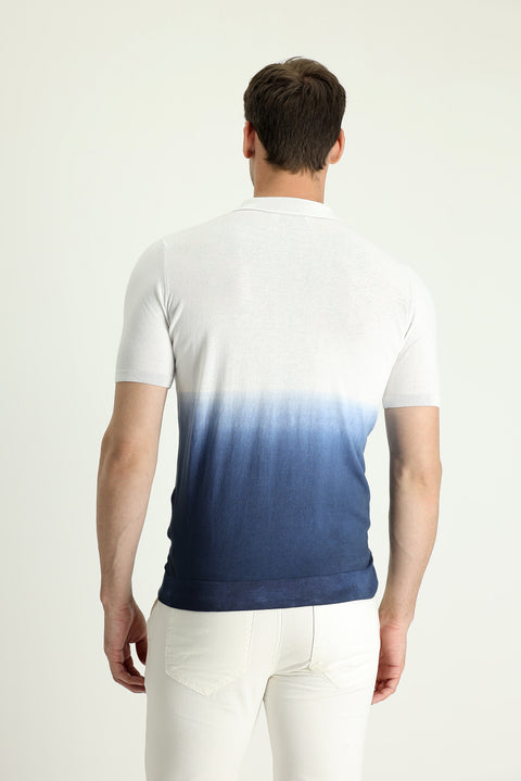Black and Navy Blue Polo Collar Regular Fit Patterned Cotton T-shirt