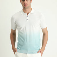 Aqua Green Polo Collar Regular Fit Patterned Cotton T-shirt