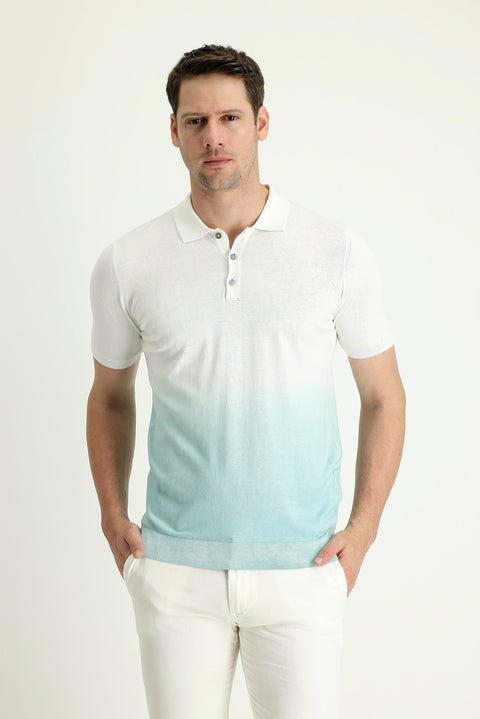 Aqua Green Polo Collar Regular Fit Patterned Cotton T-shirt
