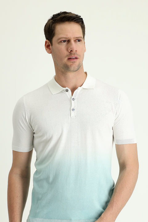 Aqua Green Polo Collar Regular Fit Patterned Cotton T-shirt