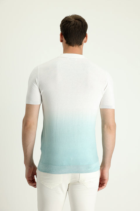 Aqua Green Polo Collar Regular Fit Patterned Cotton T-shirt