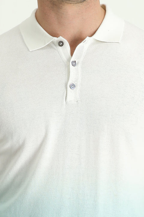 Aqua Green Polo Collar Regular Fit Patterned Cotton T-shirt