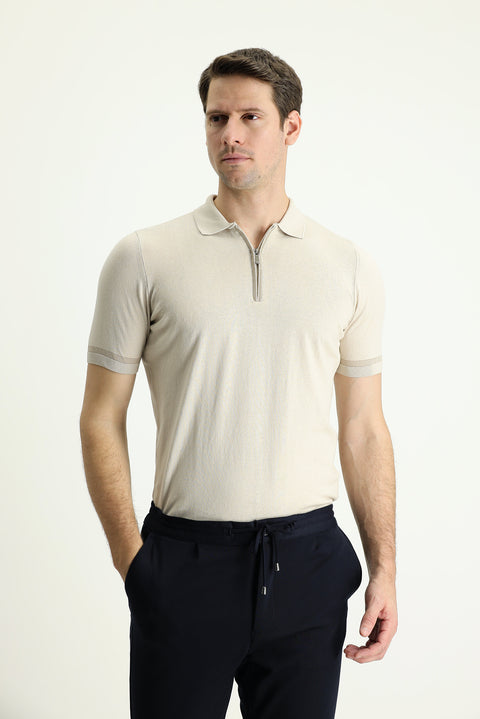 Açık Bej Polo Yaka Regular Fit Fermuarlı Pamuklu Tişört