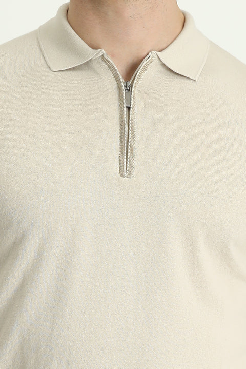 Açık Bej Polo Yaka Regular Fit Fermuarlı Pamuklu Tişört