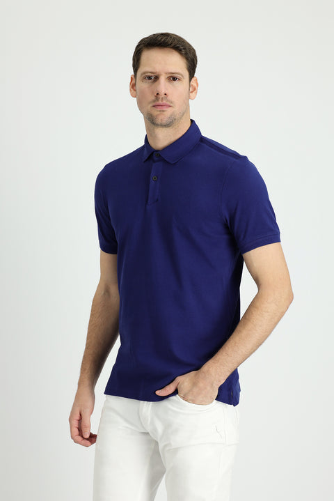 Medium Navy Polo Collar Slim Fit Narrow Cut Cotton T-Shirt