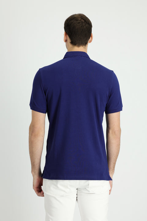 Medium Navy Polo Collar Slim Fit Narrow Cut Cotton T-Shirt