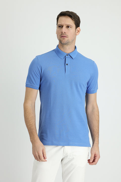 Aviator Blue Polo Collar Slim Fit Narrow Cut Cotton T-Shirt