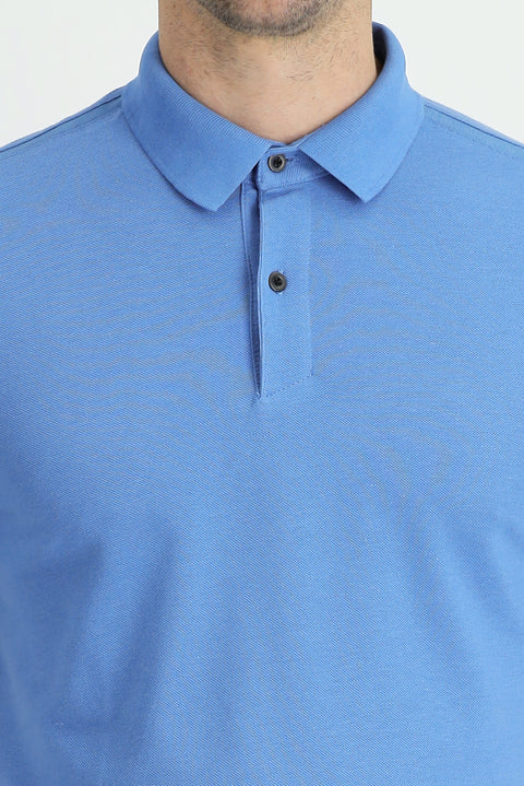 Aviator Blue Polo Collar Slim Fit Narrow Cut Cotton T-Shirt
