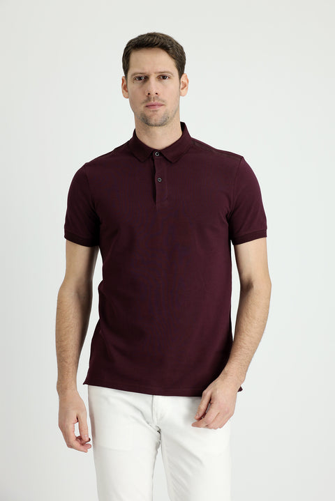 Dark Burgundy Polo Collar Slim Fit Cotton T-Shirt