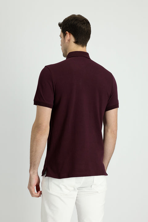 Dark Burgundy Polo Collar Slim Fit Cotton T-Shirt