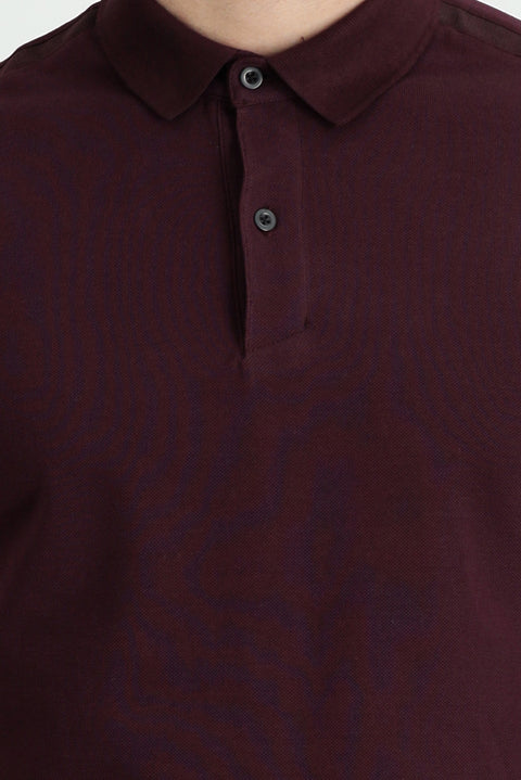 Dark Burgundy Polo Collar Slim Fit Cotton T-Shirt