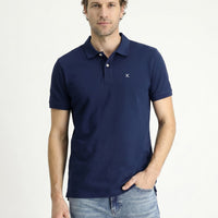 Medium Navy Blue Polo Collar Slim Fit Embroidered 100% Cotton T-shirt