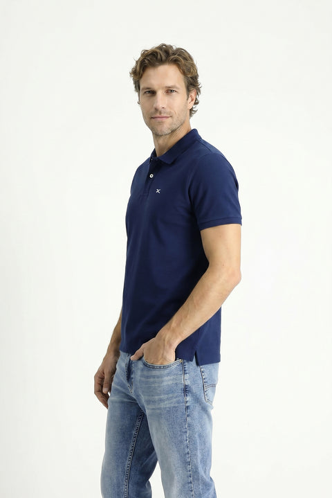 Medium Navy Blue Polo Collar Slim Fit Embroidered 100% Cotton T-shirt