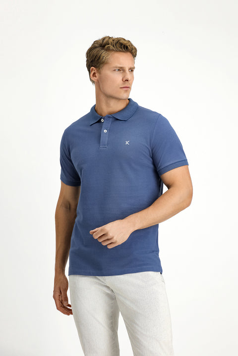 Indigo Polo Collar Slim Fit Embroidered 100% Cotton T-shirt