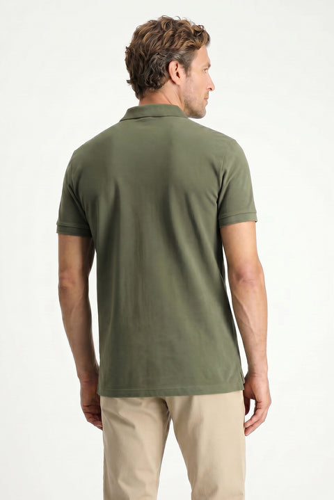 Orta Haki Polo Yaka Slim Fit Nakışlı %100 Pamuk Tişört