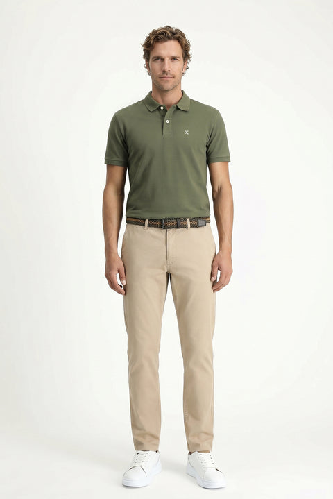 Orta Haki Polo Yaka Slim Fit Nakışlı %100 Pamuk Tişört