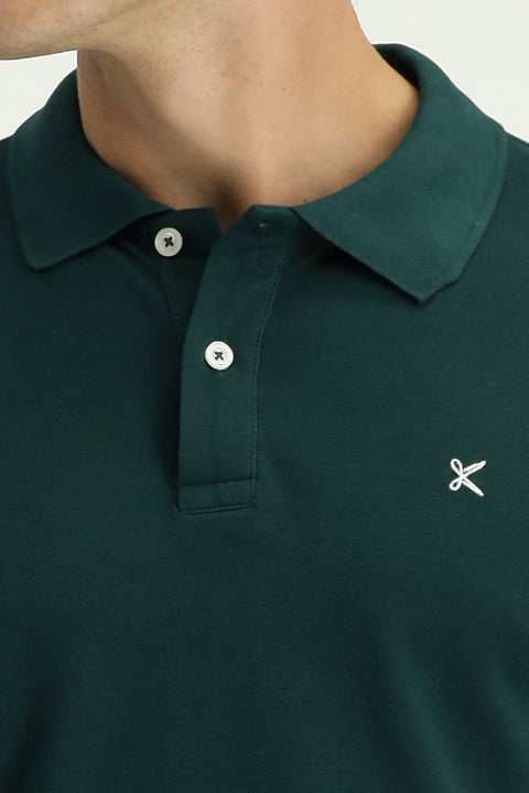 Dark Green Polo Shirt, Slim Fit, Embroidered, 100% Cotton