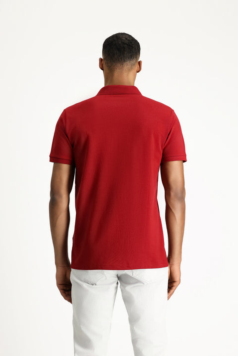 Dark Red Polo Shirt Slim Fit Embroidered 100% Cotton