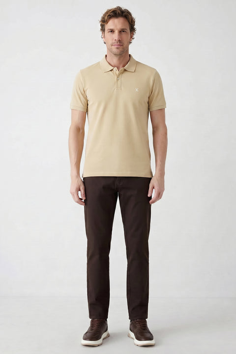 Orta Vizon Polo Yaka Slim Fit Nakışlı %100 Pamuk Tişört