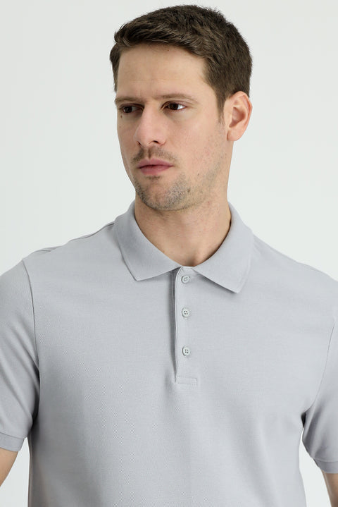 Medium Grey Polo Collar Slim Fit Cotton T-Shirt