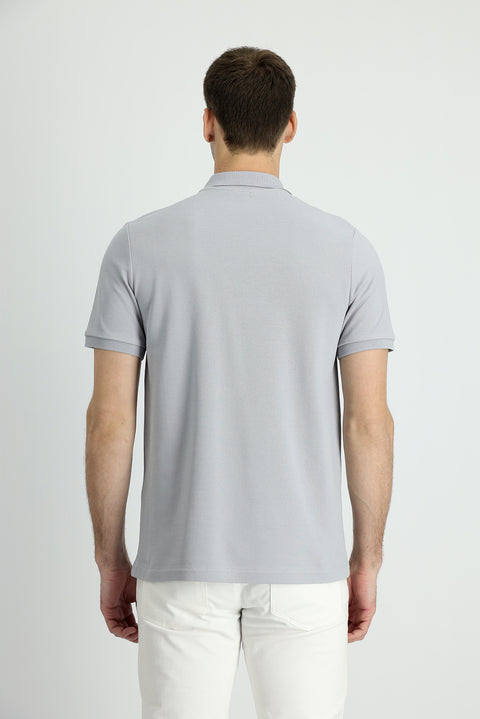 Medium Grey Polo Collar Slim Fit Cotton T-Shirt