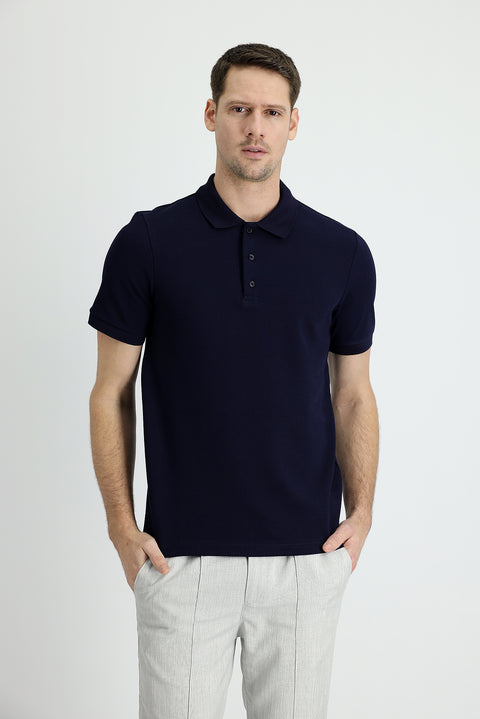 Black and Navy Blue Polo Collar Slim Fit Narrow Cut Cotton T-shirt