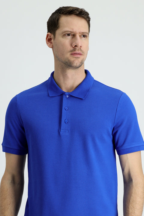 Saks Mavi Polo Yaka Slim Fit Dar Kesim Pamuk Tişört