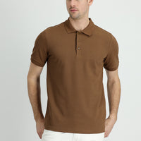 Dark Brown Polo Collar Slim Fit Cotton T-Shirt