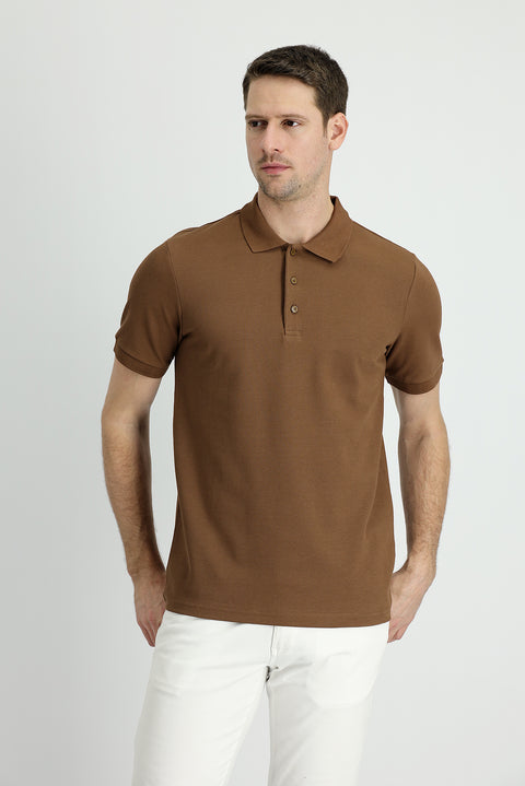 Dark Brown Polo Collar Slim Fit Cotton T-Shirt