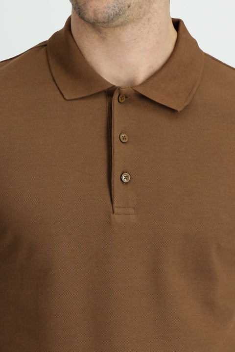 Dark Brown Polo Collar Slim Fit Cotton T-Shirt