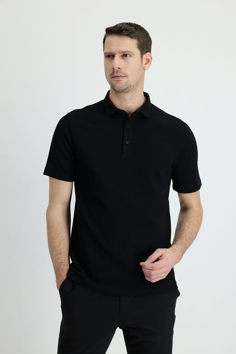 Black Polo Collar Slim Fit Narrow Cut Cotton T-shirt
