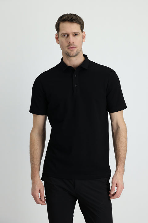Black Polo Collar Slim Fit Narrow Cut Cotton T-shirt