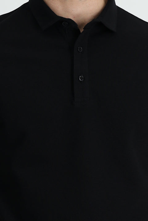 Black Polo Collar Slim Fit Narrow Cut Cotton T-shirt