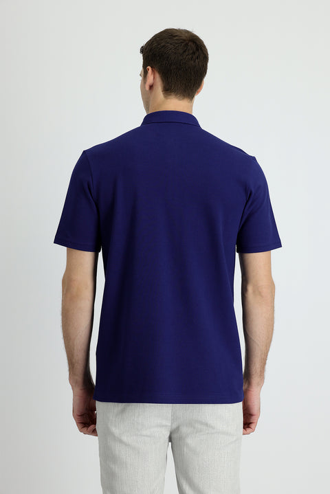 Medium Navy Polo Collar Slim Fit Narrow Cut Cotton T-Shirt