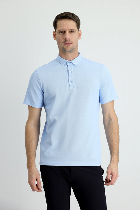 Light Blue Polo Collar Slim Fit Narrow Cut Cotton T-Shirt